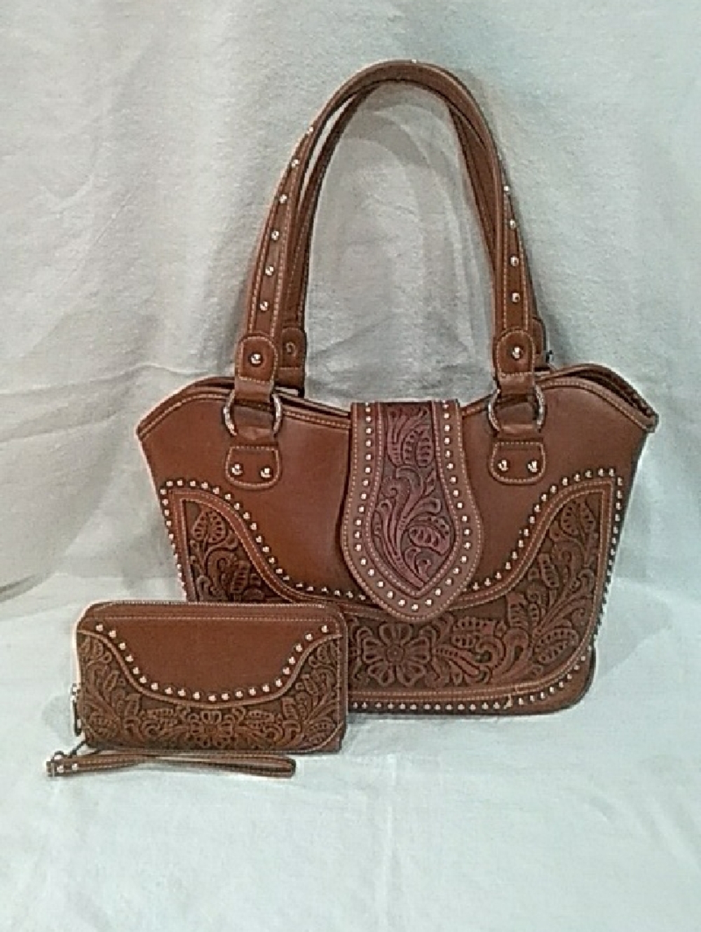 Montana West Brown Embossed Floral Shoulder Bag with Wristlet